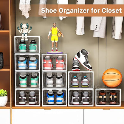 10 Pack Thicken Shoe Organizer Stackable,Upgraded Sturdy Shoe Storage Box with Magnetic Door,Shoe Containers For Sneaker Display,Hat Organizer,White
