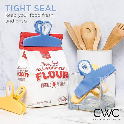 COOK WITH COLOR Bag Clips - Heavy Duty Chip Clip and Refrigerator Magnet Clips for Food Storage with Air Tight Seal Grip, Yellow and Blue, Pack of 4 Large Clips
