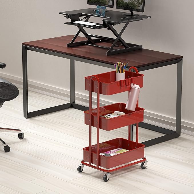 Simple Houseware 3-Tier Heavy Duty Metal Utility Rolling Cart, Red