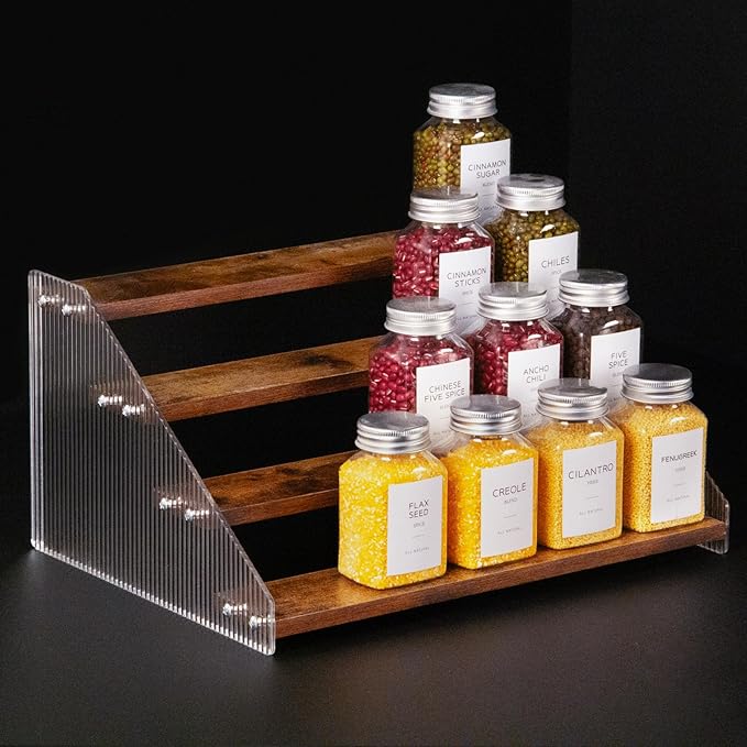 nianfeng Tiered Spice Rack, 4-Tier Spice Pantry Kitchen Cabinet Organizer, 12-Inch, Natural Wood Acrylic Stair Riser Stand, Countertop Seasoning Shelf (Rustic Brown)