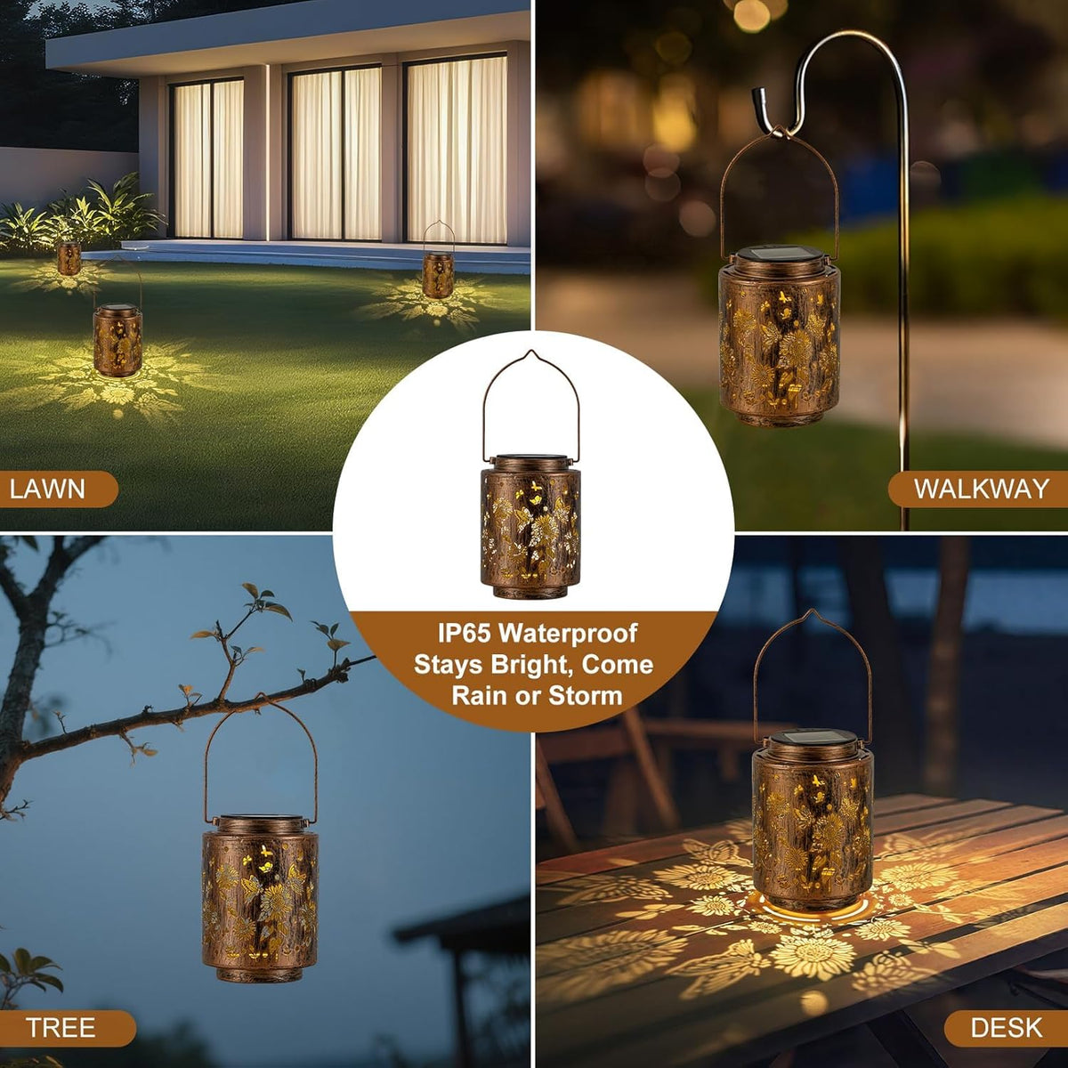 Hanging Solar Lanterns for Outside Sunflower and Butterfly Decorative Lights Warm Glow with Metal Finish Garden Lanterns Waterproof Gifts for Women Patio Décor