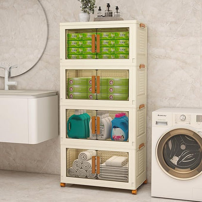Plastic Stackable Storage Bins with Lids and Wheels, Foldable Closet Organizers and Storage Containers for Bathroom, Collapsible Clear Drawer Storage Cabinet with Doors White 11.4Gal 4Tiers