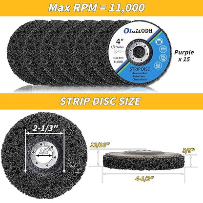 15 Pcs 4.5" x 1/2" Strip Discs Bulk, Paint Stripping and Rust Removal Wheels for Angle Grinders, Abrasive Grinding Discs for Metal, Wood, and Fiberglass, Purple