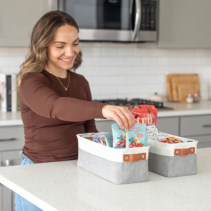 OrganiHaus Narrow Storage Bins 15x06in, Small Closet Bins for Shelves, Bathroom Storage Baskets for Shelves, Narrow Baskets, Fabric Organizer with Handles, Toilet Paper Organizer - 2 Pack, Gray