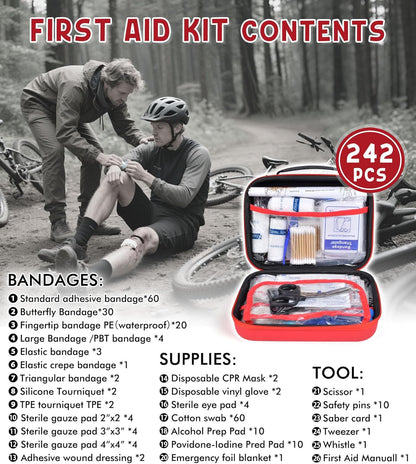 242Pcs Compact First Aid Kit, Waterproof Hard Shell Eva Medical Kits, All-Purpose Portable Trauma First Aid Kit for Boat, Home, Car, Travel, Camping, Hiking and Outdoor Emergencies(Red)