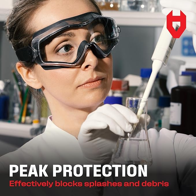 NoCry Safety Goggles Over Glasses with Extreme Impact Resistance — ANSI Z87.1 Certified Eye Protection with Anti-Fog, Anti-Scratch and UV380 Lenses — Adjustable Strap — Ideal for the Chemistry Lab