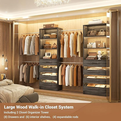 Aheaplus Closet System, 6-15Ft Closet Organizer with 8 Wooden Drawers, Wood Closet Organizer System with Tower, Walk-in Closet Organizer Wardrobe Garment Clothes Rack with 4 Hanging Rods, Black Oak