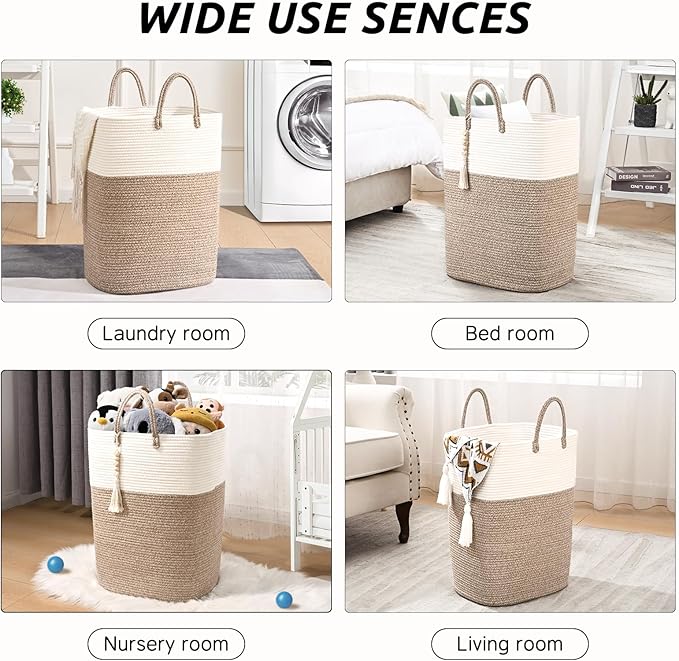 Woven Laundry Basket for Clothes, 50L Large Rectangle Laundry Hampers with Beads Tassel, Nursery Storage Basket for Toys, Tall Dirty Clothes Hamper for Bedroom Aesthetic, Laundry Room Organization