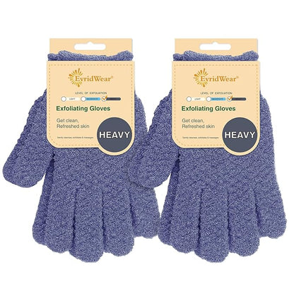 Evridwear Exfoliating Dual Texture Bath Gloves for Shower, Spa, Massage and Body Scrubs, Dead Skin Cell Remover, Gloves with Hanging Loop (2 Pairs Heavy)