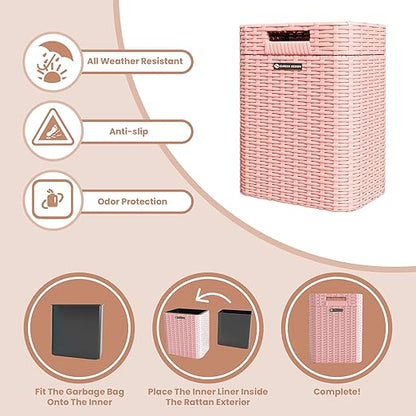 Ypati Handwoven 4 Gallon Rattan Trash Can with Lid, Boho Style Decorative Indoor and Outdoor Trash Bin with Shelf, Waste Basket for Bathroom, Patio, Study, with Trash Bags, Macaron Pink, Eureka