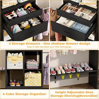 Closet System - 4.75-8FT Closet Organizer System with Wooden Drawers & Cube Storage Organizer, Up To 96" Closet Systems for Nursery & Walk-In Closets with Cuttable Hanging Shelving, Black