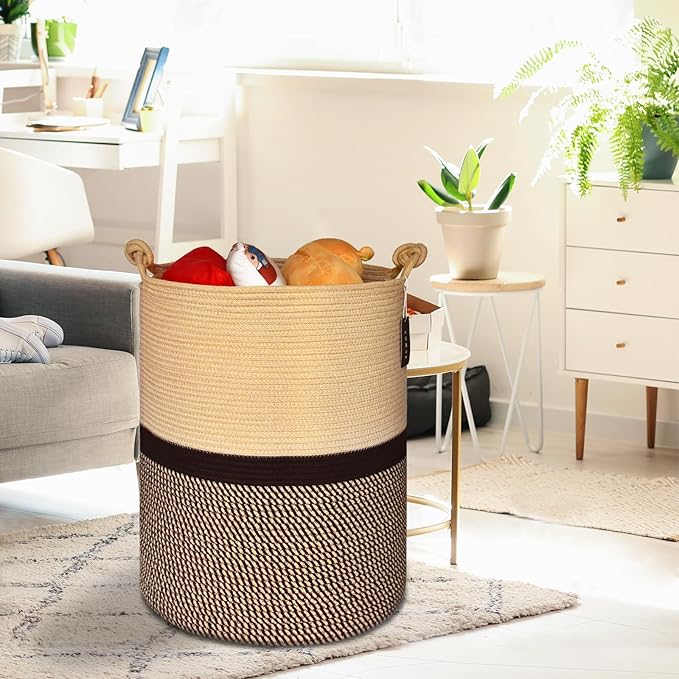 COMSE Extra Large Blanket Basket, Tall Woven Storage Basket, Nursery Hamper, 15.7”x 21.7”, Cotton Rope Laundry Hamper for Toys Clothes Towels, Blend Brown/Black