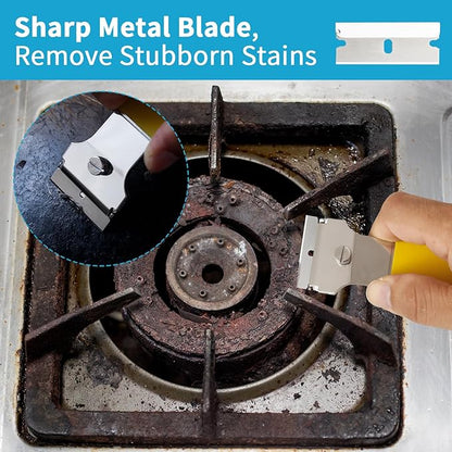 2 Pack Razor Blade Scraper, Multi-Purpose Cleaning Remover Tool, with 10 Metal & 10 Plastic Blades, for Glass Caulk, Adhesive, Wall, Stovetop, Paint, Window, Sticker, Tile, Label Decals