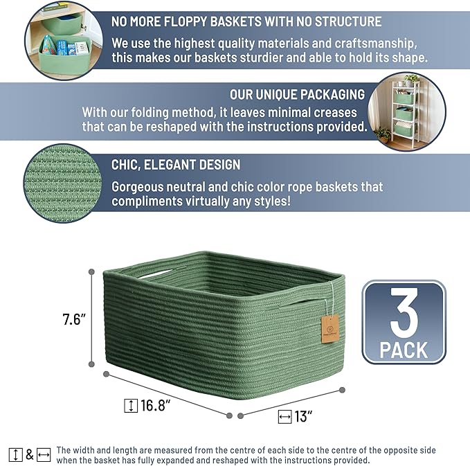 NaturalCozy Storage Baskets 16.8”x13”x7.6” Cotton Rope Woven Baskets for Organizing 3-Pack | Toy Storage Bins | Basket for Shelves, Laundry, Blanket, Clothes, Closet, Kitchen, Bathroom, Gifts