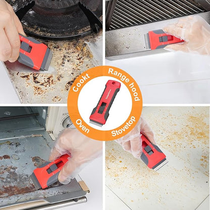 Upgraded Razor Blade Scraper with 10pcs Blades and 3Pcs small wire brushes,Scraper Tool for Cleaning Glass Window, Cooktop, Oven, Stove Scraper, Razor Scraper with Buit-In Blade Storage, Gray