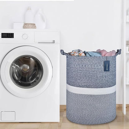 COMSE Extra Large Blanket Basket, Tall Woven Storage Basket, Nursery Hamper, 15.7”x 21.7”, Cotton Rope Laundry Hamper for Toys Clothes Towels, Blend Navy Blue/White