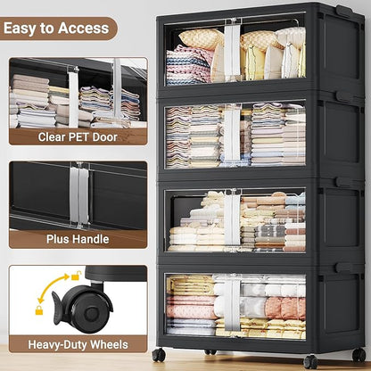 BROVIEW 480QT Stackable Storage Bins with Lids, 120Gal Extra Large Collapsible Storage Box with Wheel, Plastic Storages with Clear Door Open Front for Home Kitchen Garage, Black-3pack(3 lids)