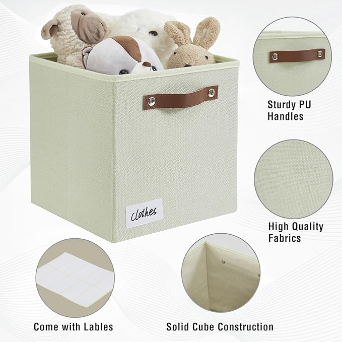 Collapsible Fabric Storage Cube Bins with 2 Reinforced PU Handles, Foldable Storage Organizer Baskets for Closet, Shelves, Living Room | 11"x11"x11", 4 Pack, Sage Green