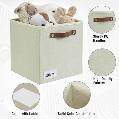 Collapsible Fabric Storage Cube Bins with 2 Reinforced PU Handles, Foldable Storage Organizer Baskets for Closet, Shelves, Living Room | 11"x11"x11", 4 Pack, Sage Green