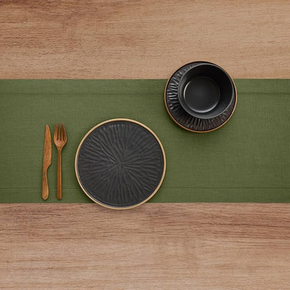 Solino Home Linen Olive Table Runner 144 Inches Long - 100% Pure Linen Extra Long Table Runner 14 x 144 Inch for Christmas, New Year - Classic Hemstitch