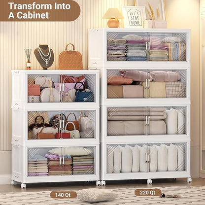 140Gal Plastic Stackable Storage Bins with Lid, 560QT Extra Large Closet Organizers Collapsible Cabinets Boxes with Drawers, Foldable Containers with 4X Wheels for Home Kitchen, V60 4Pack White