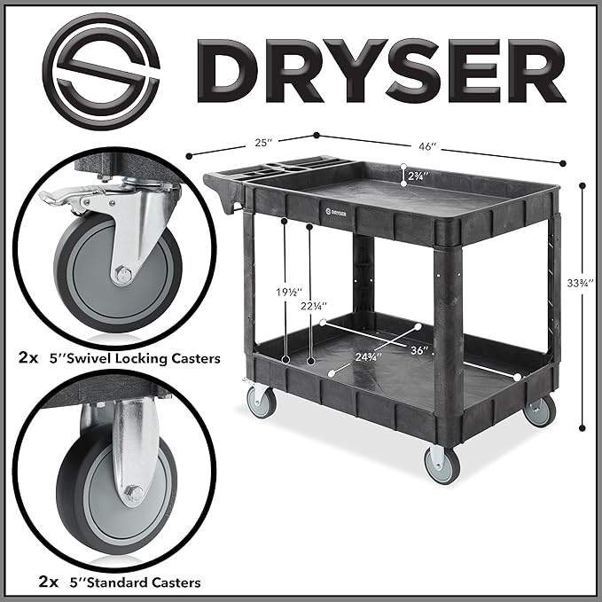 Dryser Utility Cart with Wheels, 46" x 25" Heavy Duty 550 lb. Capacity with Shelves - 2 Tier Rolling Cart with Two 5" Swivel Casters for Warehouse, Garage, Cleaning