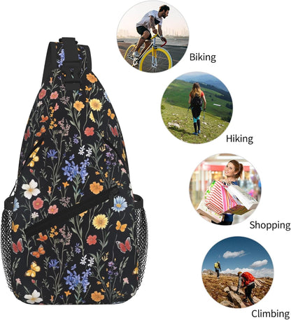 SUPLUCHOM Sling Bag Vintage Botanical Flower Wildflower Hiking Daypack Crossbody Shoulder Backpack Travel Chest Pack for Men Women