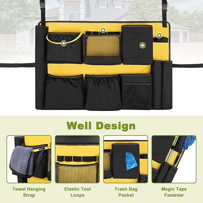 32-55 Gallon Trash Can Caddy Bag, Garbage Bin Apron Caddy with Multiple Pockets for Cleaning Supplies, Cleaning Tool Organizer with Adjustable Buckle for Janitorial Trash Can, Black+Yellow