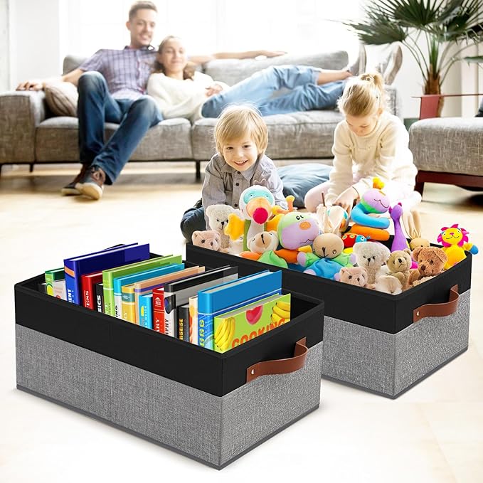 3 Pack Large Capacity Storage Bins Closet Organizer for Shelves, Fabric Closet Storage Baskets Boxes with Leather Handles for Organizing Clothes, Sheets, Jeans, Toys, Books (Black and Grey)