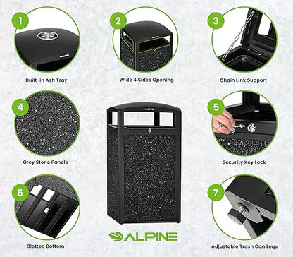 Alpine Outdoor Commercial Trash Can with Lid - 40 Gallon Heavy Duty Metal Garbage Can with Removable Bin, Locking Lid for a Modern Look in Park, Mall & High Traffic Areas-Grey Stone Panels (With Tray)