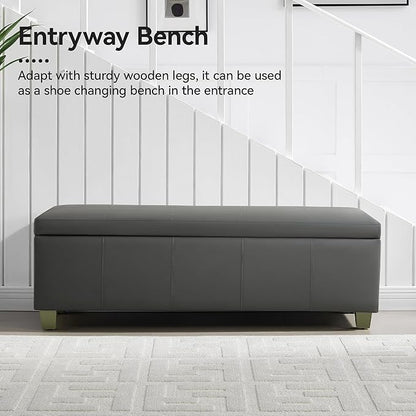 51" Faux Leather Storage Ottoman, Stitch Tufted Rectangle Upholstered End of Bed Storage Bench, Entryway Large Couch Ottoman with Wooden Legs,Dark Grey