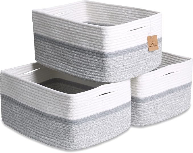 NaturalCozy Storage Baskets 16.8”x13”x7.6” Cotton Rope Woven Baskets for Organizing 3-Pack | Toy Storage Bins | Basket for Shelves, Laundry, Blanket, Clothes, Closet, Kitchen, Bathroom, Gifts