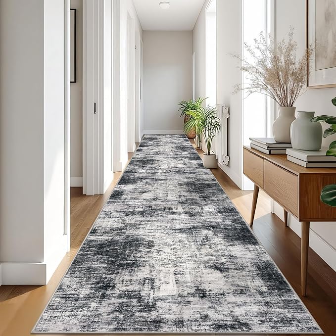 IOHOUZE Abstract Runner Rug 3x18 Ft Extra Long Washable Runners for Hallways, Non Slip Kitchen Runner Printed Faux Wool Entryway Runner Indoor, Modern Abstract Floor Carpet for Hall Stair, Black Grey