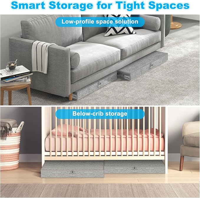 Under Bed Storage Container Bin 4 Pack, 4.5 Inch Slim Low Profile Underbed Clothes Storage Organizer for Dorm & Home, Use for Blanket and Toy Storage Box W/ Sturdy Bottom/Sides, Foldable Thick Fabric