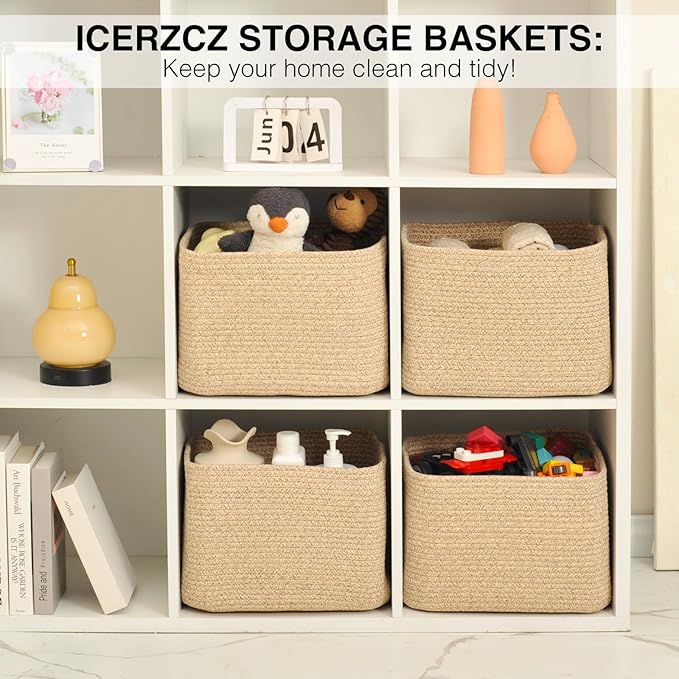 Storage Baskets for Organizing & Shelves, Woven Cotton Rope Organization Bins for Dog Toys, Clothes, Books, Nursery Organizer, 15" Lx11''Wx9.5''H, (4 Packs) Brown