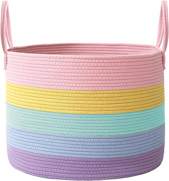 Woven Blanket Basket,65L Large Rope Storage Bin with Handles, Organizer for Blankets Toys Book and Clothes, Laundry Basket for Living Room Bedroom Nursery,Rainbow