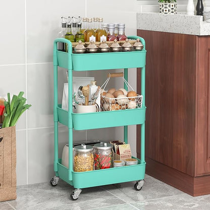 Sywhitta 3-Tier Plastic Rolling Utility Cart with Handle, Multi-Functional Storage Trolley for Office, Living Room, Kitchen, Movable Storage Organizer with Wheels, Green
