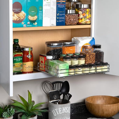 Pull Out Cabinet Organizer for Spices, Cans - Heavy Duty with Lifetime Limited Warranty- Pull Out Spice Rack- Cabinet Pull Out Shelf for Cans,Dishes, Etc, 16-3/8"Wx 10-1/2"D x 2-3/4” H, Chrome