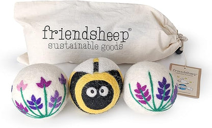 Friendsheep Wool Dryer Balls, Organic Reusable Fabric Softener Alternative for Laundry, Handmade, Fair Trade, Hypoallergenic, Eco-Friendly, Plastic-Free (3 Pack XL – Lavender Fields Bee Flower)