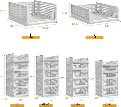 Proarea 5 Pack Stackable Plastic Storage Basket Closet Organizer Bin Foldable Clothes Organizer Storage Drawer Shelf Container for Living Room Bathroom Kitchen Office (5L)