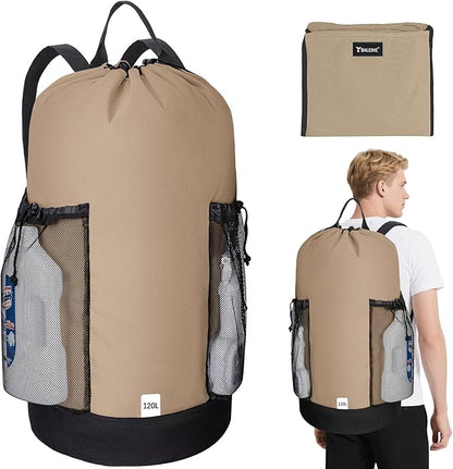 BALEINE 120L Laundry Bag Backpack, 900D Oxford Fabric Large Travel Laundry Bags with Shoulder Straps and 2 Mesh Pockets for College Dorm, Apartment, Laundromat (Khaki, 120L)