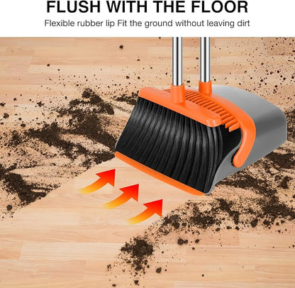 NACENA Broom and Dustpan Set, 52-in Long Adjustable Handle Broom Dustpan Combo with Dustpan Teeth to Automatically Clean Hair Suitable for Home Kitchen Office Hall Floor (Grey&Orange), 4 Pack