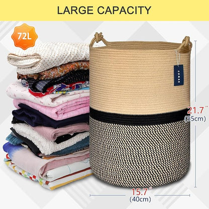 COMSE Extra Large Blanket Basket, Tall Woven Storage Basket, Nursery Hamper, 15.7”x 21.7”, Cotton Rope Laundry Hamper for Toys Clothes Towels, Blend Brown/Black