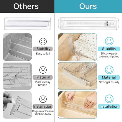 Vtopmart 8 Pack Drawer Dividers for Clothes, 4" High 10.2"-16.6" Adjustable Expandable Dresser Drawer Organizer, Clear Plastic Separators for Dresser, Baby Clothing, Underwear, Cosmetic, Toiletries
