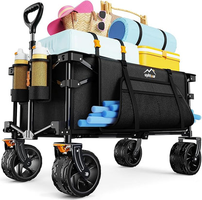 Collapsible Wagon Cart Heavy Duty Foldable, Folding Beach Wagon with Big Wheels for Sand, Utility Grocery Cart with Side Pocket and Brakes for Camping Sports Outdoor Activities, Black