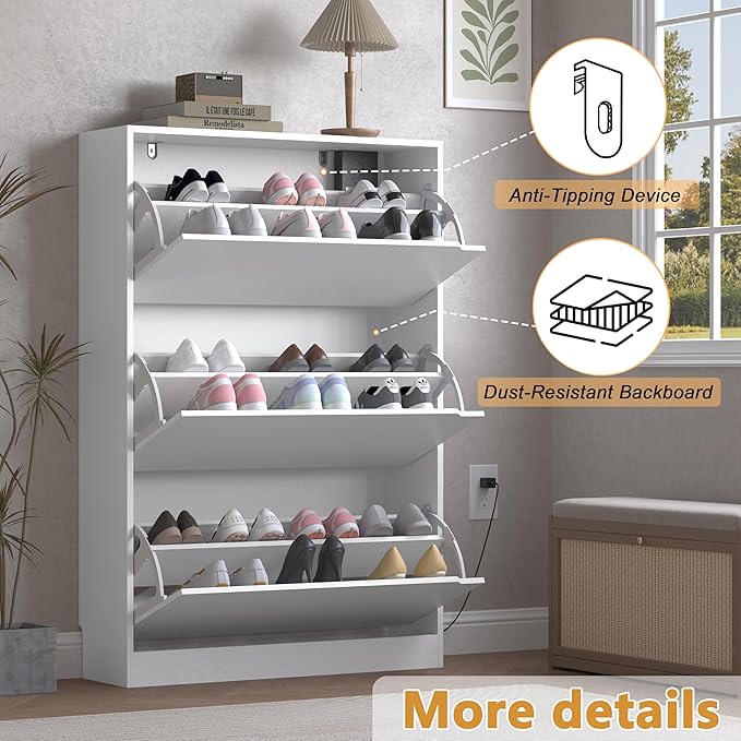 Shoe Cabinet with Odor Control and Back Panels, Deodorizing Slim 3-Flip Shoe Storage Cabinet for Entryway, Freestanding Hidden Shoe Rack Organizer for Entrance, Hallway, Bedroom