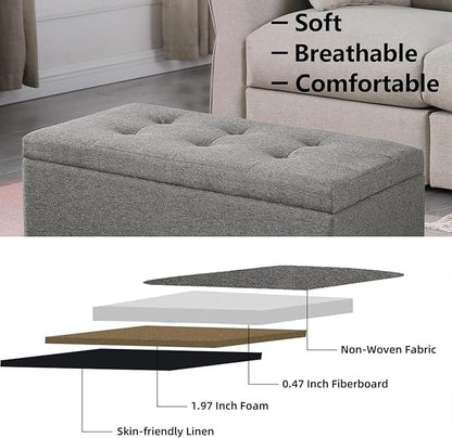 Storage Ottoman Bench with 2.56-inch Thick Seat, 31.5 inch Nesting Ottoman Set of 2, Hinged Flip Top Bench with Storage for Living Room, Bedroom, Light Grey