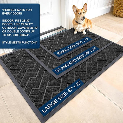 OLANLY Front Door Mat Indoor Outdoor Entrance, Waterproof All-Season, All-Weather Doormat, Sturdy Natural Rubber, Low Profile, Easy Clean Patio Porch Entryway Mat, Herringbone Brick (Black, 29.5x17)