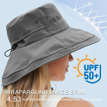 Sun Hats for Women Men UV Protection Wide Brim Bucket Hat with Ponytail Hole Waterproof Gardening Fold-Up Summer Cap