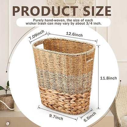 2 Pcs Wicker Trash Can with 50 Small Trash Bag Wicker Waste Woven Basket with Handles Clear Multi Use Garbage Bags for Bathroom Kitchen Bedroom(Various Materials,Classic Style)